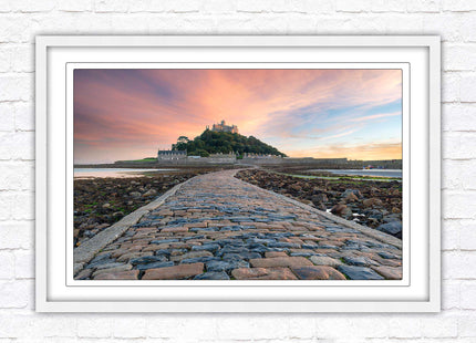 St Michael's Mount at sunset. Cornwall. Framed picture print with a choice of frame colours. Beach seascape, tourist destination.