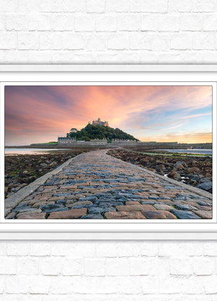 St Michael&#39;s Mount at sunset. Cornwall. Framed picture print with a choice of frame colours. Beach seascape, tourist destination.