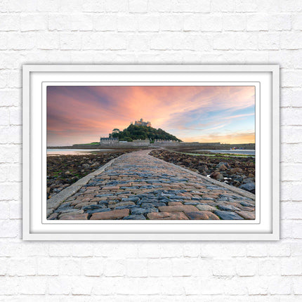 St Michael's Mount at sunset. Cornwall. Framed picture print with a choice of frame colours. Beach seascape, tourist destination.