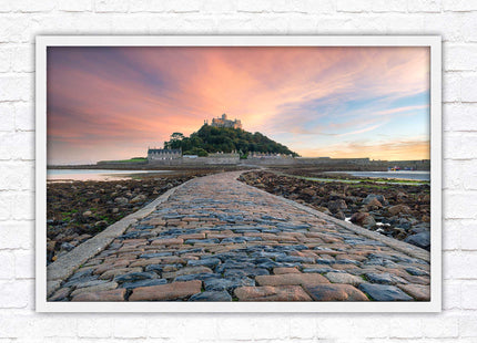 St Michael's Mount at sunset. Cornwall. Framed picture print with a choice of frame colours. Beach seascape, tourist destination.