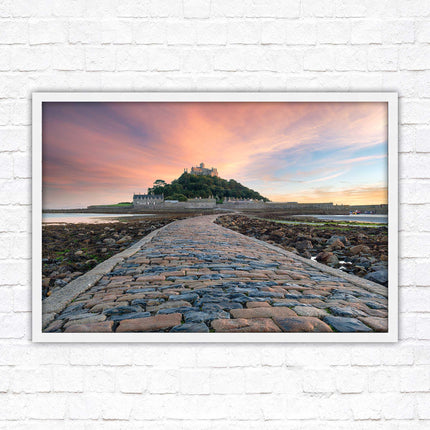St Michael's Mount at sunset. Cornwall. Framed picture print with a choice of frame colours. Beach seascape, tourist destination.