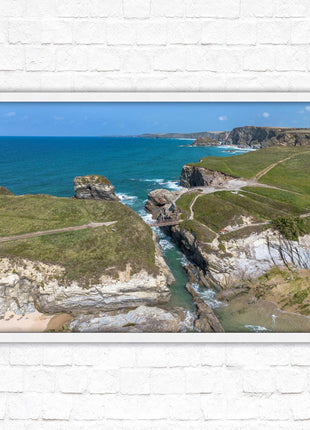 Porth Island, aerial view with Cornish coastline Framed picture print with choice of frame colours