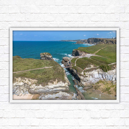 Porth Island, aerial view with Cornish coastline Framed picture print with choice of frame colours