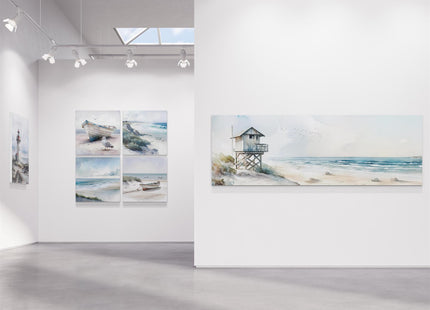 Coastal art work framed canvas picture print. Lifeguard hut watercolour painting, set available.