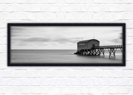 Lifeboat station at sea. Panoramic framed picture print. Black and white image. A choice of picture frames.