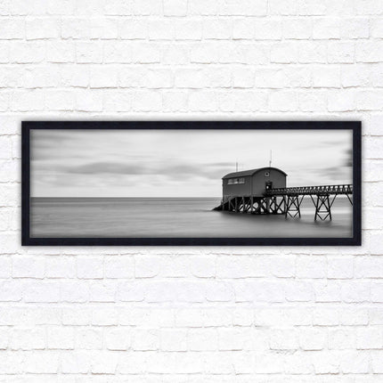 Lifeboat station at sea. Panoramic framed picture print. Black and white image. A choice of picture frames.