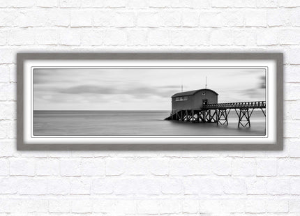 Lifeboat station at sea. Panoramic framed picture print. Black and white image. A choice of picture frames.