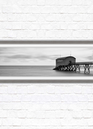 Lifeboat station at sea. Panoramic framed picture print. Black and white image. A choice of picture frames.