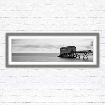 Lifeboat station at sea. Panoramic framed picture print. Black and white image. A choice of picture frames.
