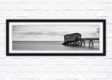 Lifeboat station at sea. Panoramic framed picture print. Black and white image. A choice of picture frames.