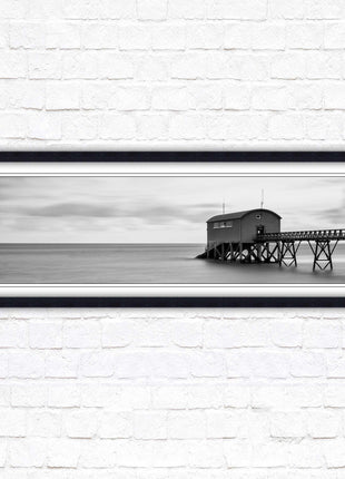 Lifeboat station at sea. Panoramic framed picture print. Black and white image. A choice of picture frames.