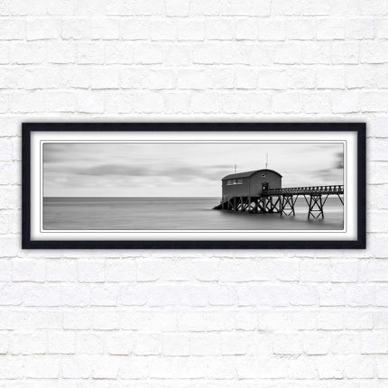 Lifeboat station at sea. Panoramic framed picture print. Black and white image. A choice of picture frames.
