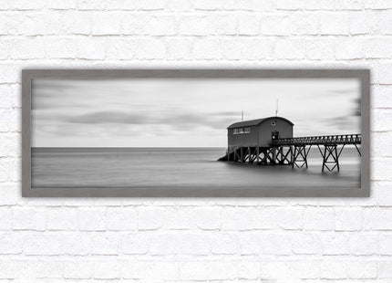 Lifeboat station at sea. Panoramic framed picture print. Black and white image. A choice of picture frames.