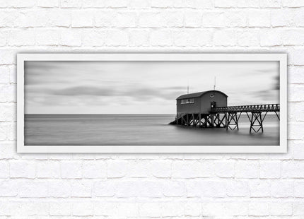 Lifeboat station at sea. Panoramic framed picture print. Black and white image. A choice of picture frames.