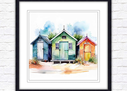 Beach Huts, Framed picture print. Square frame watercolour beach huts print. A choice of frames styles and sizes available.