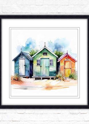 Beach Huts, Framed picture print. Square frame watercolour beach huts print. A choice of frames styles and sizes available.
