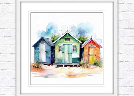 Beach Huts, Framed picture print. Square frame watercolour beach huts print. A choice of frames styles and sizes available.