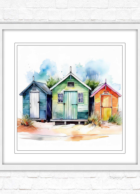 Beach Huts, Framed picture print. Square frame watercolour beach huts print. A choice of frames styles and sizes available.