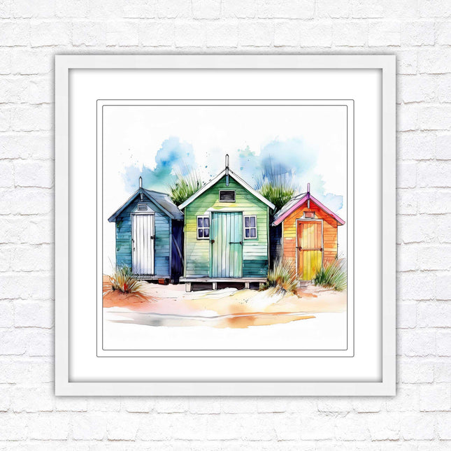 Beach Huts, Framed picture print. Square frame watercolour beach huts print. A choice of frames styles and sizes available.