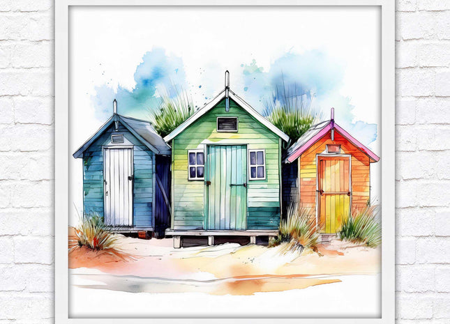 Beach Huts, Framed picture print. Square frame watercolour beach huts print. A choice of frames styles and sizes available.