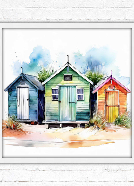 Beach Huts, Framed picture print. Square frame watercolour beach huts print. A choice of frames styles and sizes available.
