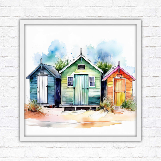 Beach Huts, Framed picture print. Square frame watercolour beach huts print. A choice of frames styles and sizes available.