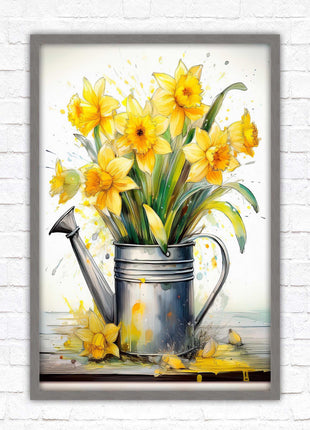 Daffodils in vintage watering can. Printed, Framed picture with choice of frame colours and options.