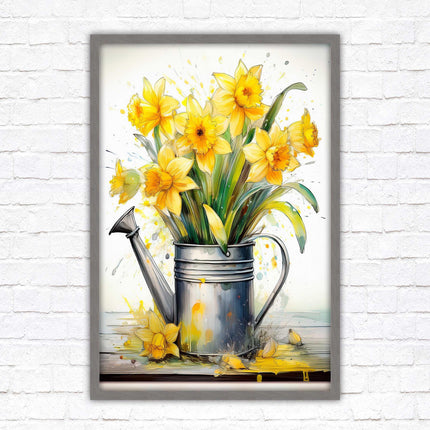 Daffodils in vintage watering can. Printed, Framed picture with choice of frame colours and options.