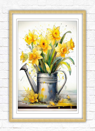 Daffodils in vintage watering can. Printed, Framed picture with choice of frame colours and options.