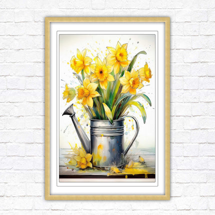 Daffodils in vintage watering can. Printed, Framed picture with choice of frame colours and options.