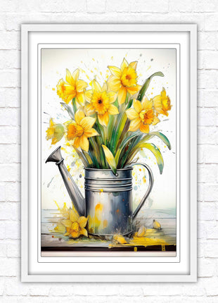 Daffodils in vintage watering can. Printed, Framed picture with choice of frame colours and options.