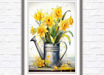 Daffodils in vintage watering can. Printed, Framed picture with choice of frame colours and options.