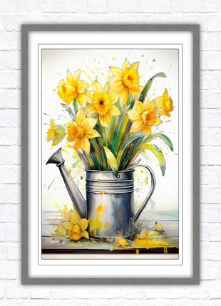 Daffodils in vintage watering can. Printed, Framed picture with choice of frame colours and options.