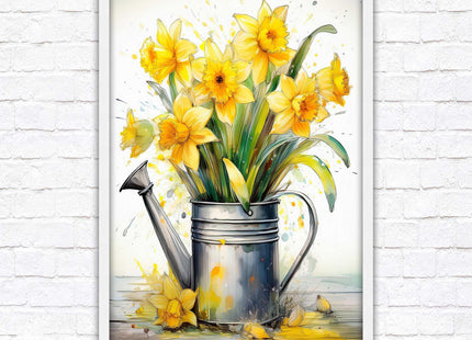 Daffodils in vintage watering can. Printed, Framed picture with choice of frame colours and options.