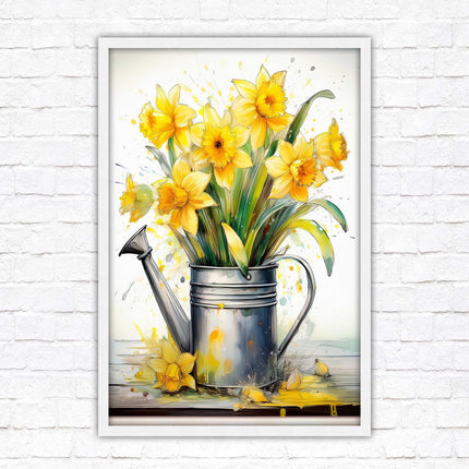 Daffodils in vintage watering can. Printed, Framed picture with choice of frame colours and options.