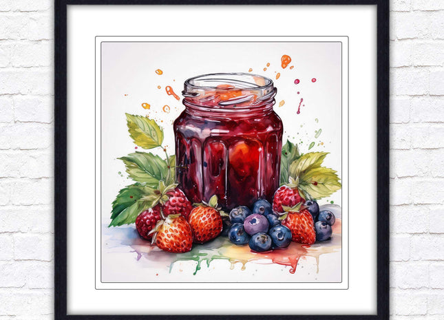 Fresh fruit jam pot. Framed picture print. A choice of frames and sizes, square.