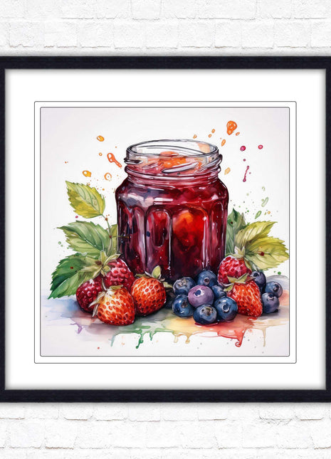 Fresh fruit jam pot. Framed picture print. A choice of frames and sizes, square.