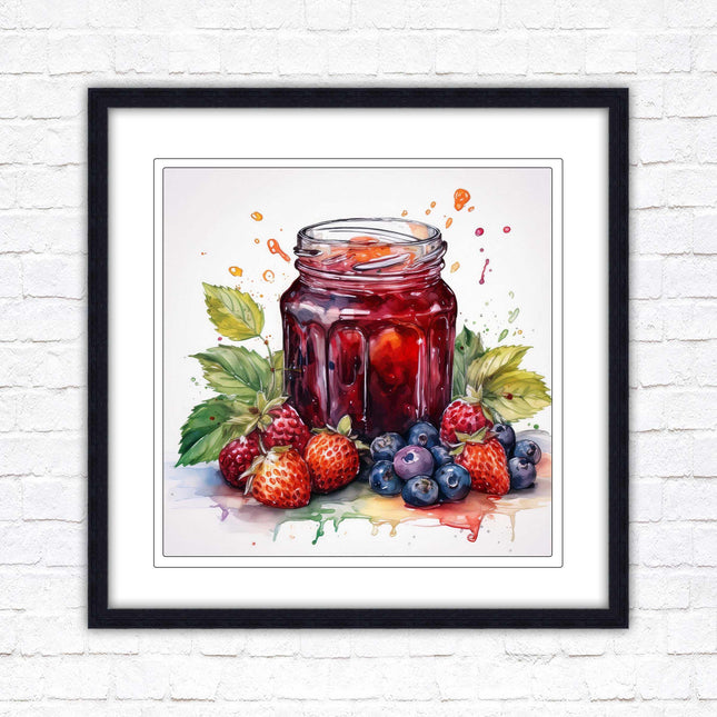 Fresh fruit jam pot. Framed picture print. A choice of frames and sizes, square.