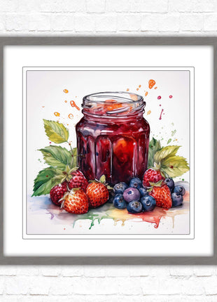 Fresh fruit jam pot. Framed picture print. A choice of frames and sizes, square.