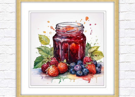 Fresh fruit jam pot. Framed picture print. A choice of frames and sizes, square.