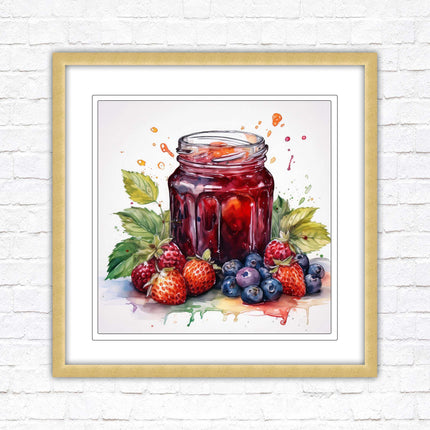 Fresh fruit jam pot. Framed picture print. A choice of frames and sizes, square.