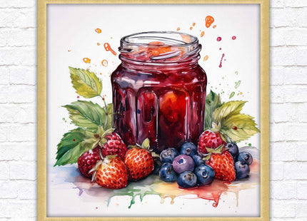 Fresh fruit jam pot. Framed picture print. A choice of frames and sizes, square.