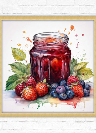 Fresh fruit jam pot. Framed picture print. A choice of frames and sizes, square.