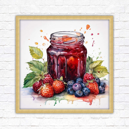Fresh fruit jam pot. Framed picture print. A choice of frames and sizes, square.
