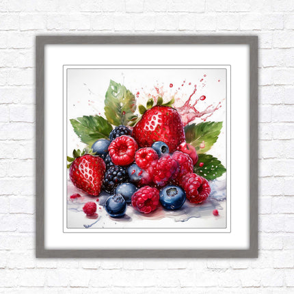 Mixed Berries Fresh fruit. Framed picture print. A choice of frames and sizes, square.