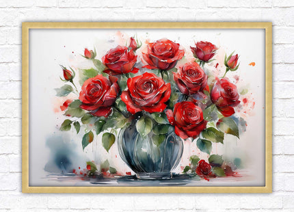 Red Roses in a vase. Framed floral painting. Printed and framed with choice of frame colours