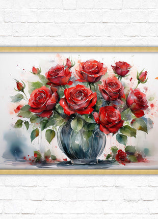 Red Roses in a vase. Framed floral painting. Printed and framed with choice of frame colours
