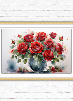 Red Roses in a vase. Framed floral painting. Printed and framed with choice of frame colours