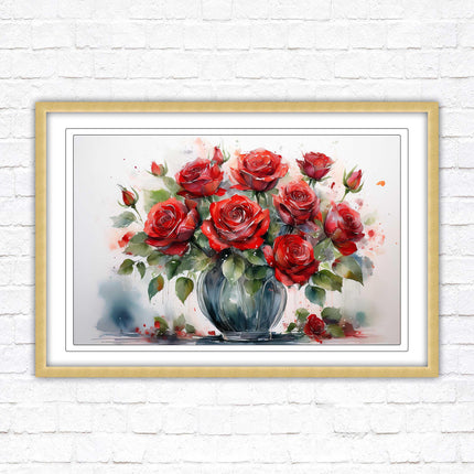 Red Roses in a vase. Framed floral painting. Printed and framed with choice of frame colours