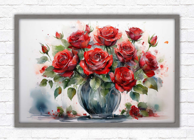Red Roses in a vase. Framed floral painting. Printed and framed with choice of frame colours